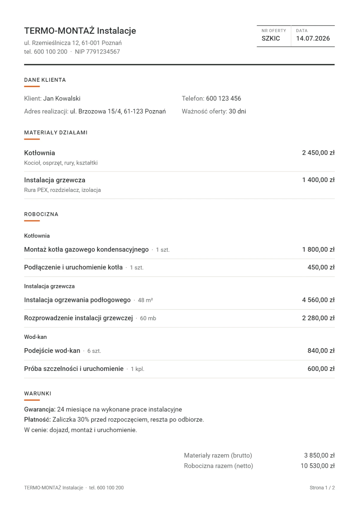 Przykładowa oferta PDF z Fachmat: nagłówek z logo i NIP, materiały działami, robocizna, podsumowanie i proponowane urządzenia.