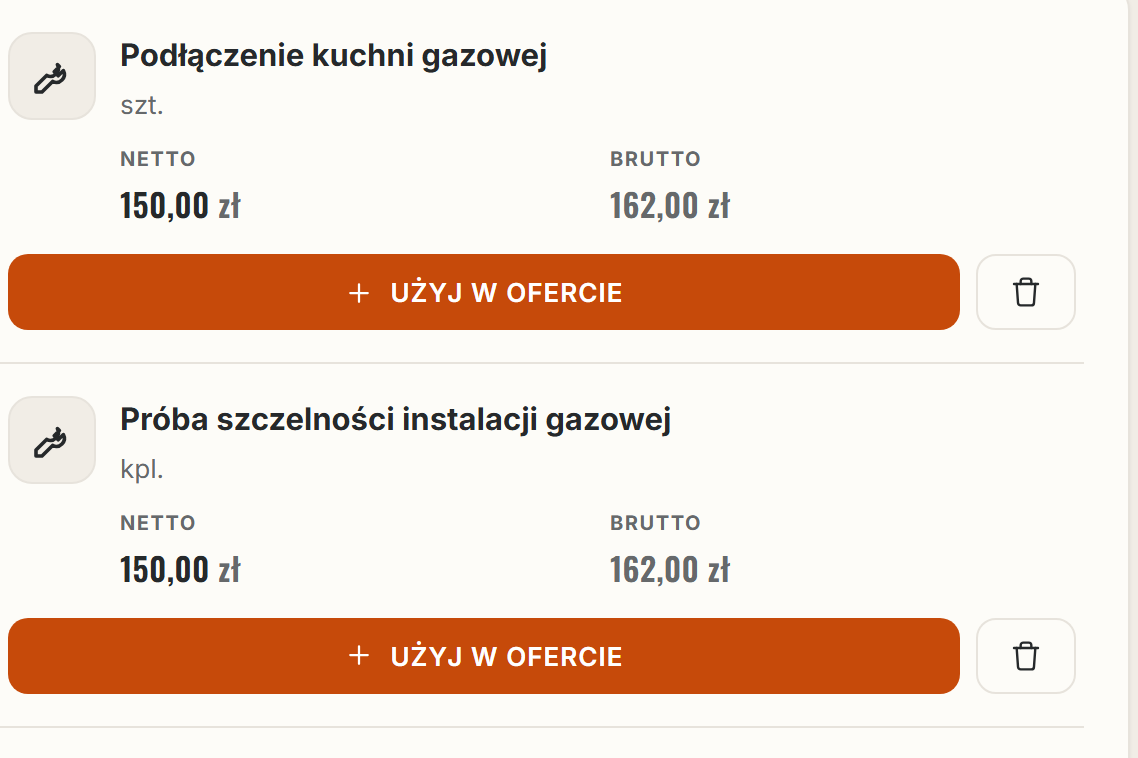 Cennik robocizny w Fachmat: wiersz pozycji z ceną i przyciskiem „Użyj w ofercie”.