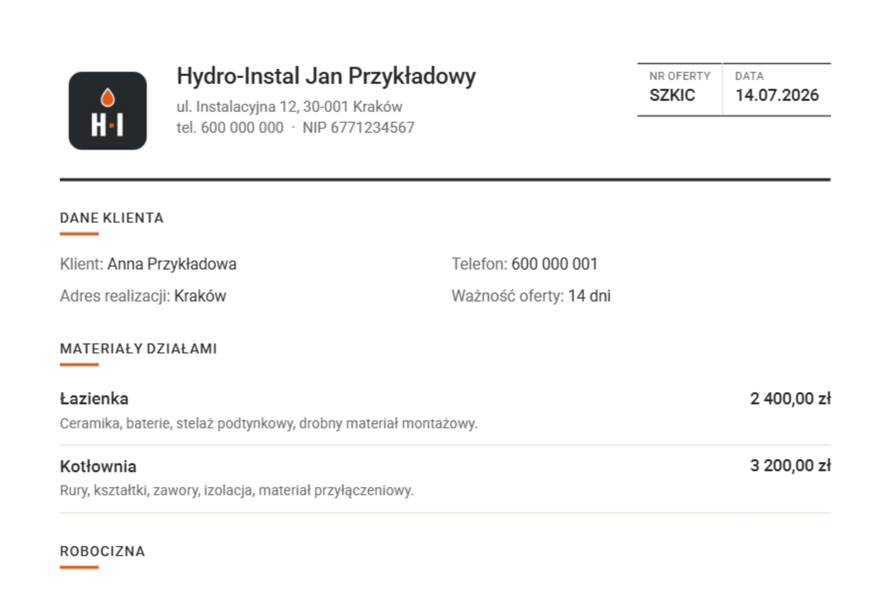 Nagłówek gotowej oferty PDF z Fachmat: logo firmy, NIP i numer oferty.